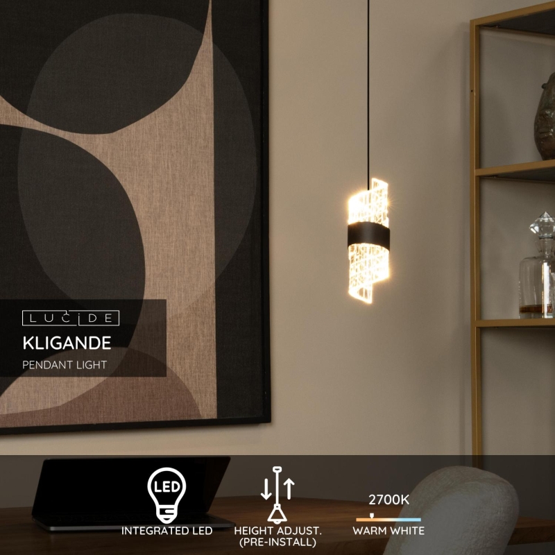 Lucide KLIGANDE - Závesné svietidlo - Ø 13 cm - LED - 1x9W 2700K - Čierna